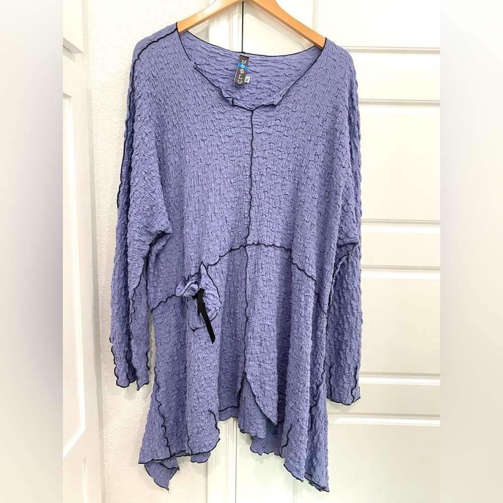 NoBlu Pucker Tunic Top with Front Pocket and Tie Blue Lagenlook Relaxed Size XL